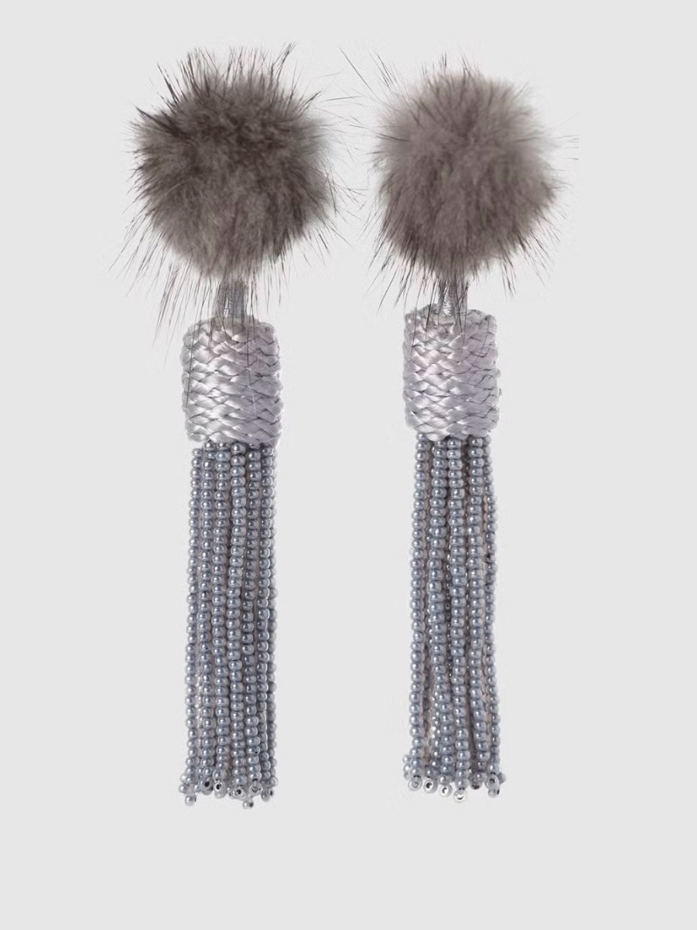 Mignonne Gavigan Gray Beaded Tassel Earrings with Fur Pom Detail worn 1x dustbag
